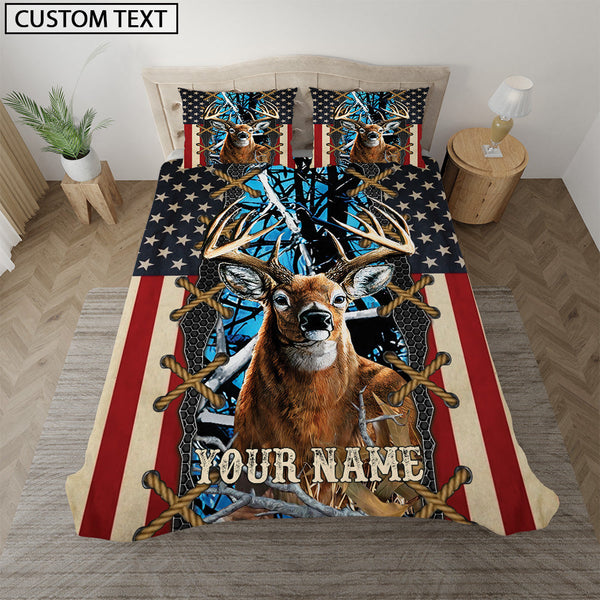 Maxcorners Deer American Flag Camo Blue Personalized Name Bedding Set 3D All Over Printed