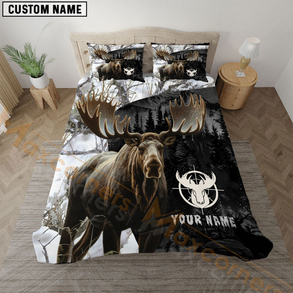 Maxcorners Moose Hunting Forest White Personalized Name Bedding Set 3D All Over Printed