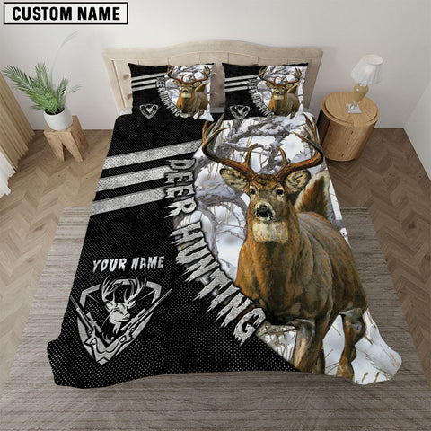 Maxcorners Whitetail Deer Hunting White Camo Black Personalized Name Bedding Set 3D All Over Printed