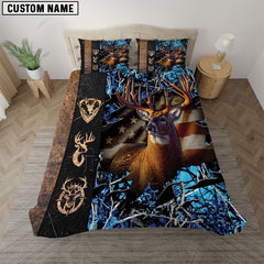 Maxcorners Rustic Deer Hunting Camo Blue American Pride Bedding Set 3D All Over Printed