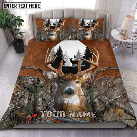 Maxcorners Deer Hunter Brown Leather Camo Personalized Name Bedding Set 3D Printed