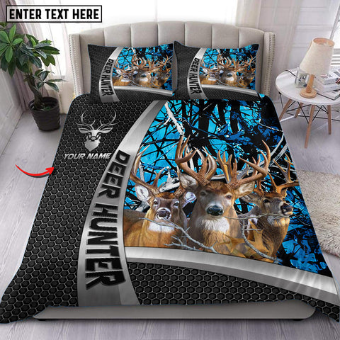 Maxcorners Deer Hunter Blue Forest Camo Personalized Name Bedding Set 3D Printed