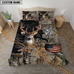 Maxcorners Deer Hunting American Flag Brown Camo Personalized Name Bedding Set 3D All Over Printed