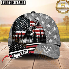 Maxcorners American Flag Deer Hunter Gray Pattern Personalized Name 3D Cap