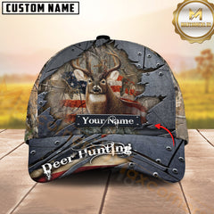 Maxcorners Deer Hunting Camo Metal Tear American Flag Multicolor Options Personalized Name 3D Cap