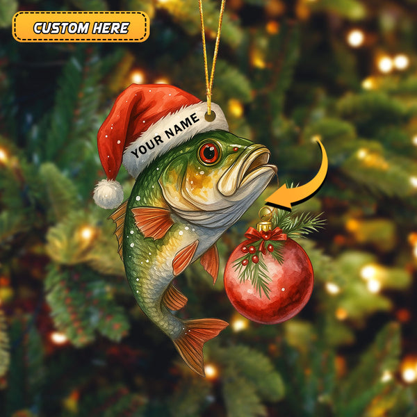 Maxcorners Custom Name Largemouth Bass Christmas Ornament, Funny Santa Fishing Tree Decoration