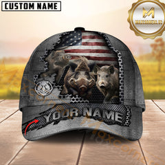 Maxcorners Deer Hunting Trio Buck American Flag Metal Tear Personalized Name 3D Cap (6 Options)