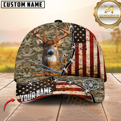 Maxcorners Deer Hunting American Flag Stitched Design Multicolor Options Personalized Name 3D Cap (Deer/Moose/Turkey/Boar)