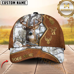 Maxcorners Deer Buck Camo Leather Golden Antler Icons Multicolor Options Personalized Name 3D Cap