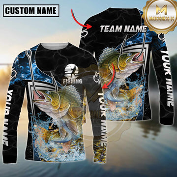 Maxcorners Fishing Black Blue Wave Scale Pattern Custom Name & Team Name 3D Shirts