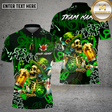 Maxcorners Bowling St Patrick Skeleton Beer Party Multi Options Personalized Name, Team Name Unisex 3D Shirt (4 Colors)