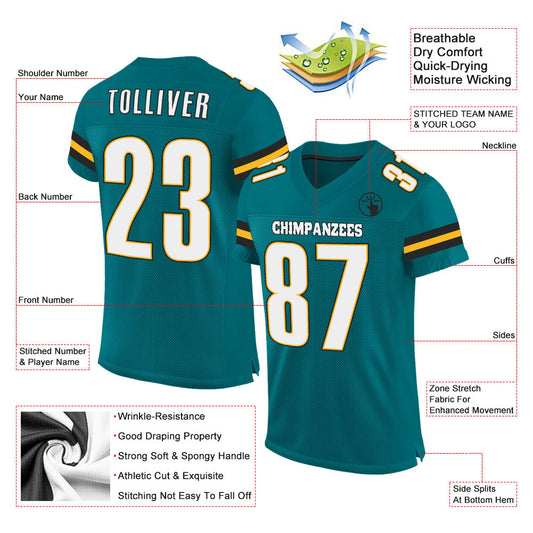 Maxcorners Custom Teal White-Gold Mesh Authentic Football Jersey LM2605