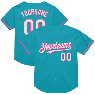Maxcorners Custom Teal White-Pink Mesh Authentic Throwback Baseball Jersey LM2605