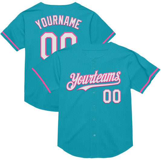 Maxcorners Custom Teal White-Pink Mesh Authentic Throwback Baseball Jersey LM2605