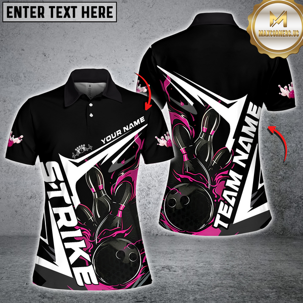 Maxcorners Custom Black And Pink Flame Strike Bowling Polo Shirts For Men And Women Strike Bowling Jerseys