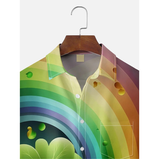 Maxcorners Rainbow St. Patrick's Day Fantasy Lucky Four-Leaf Clover Hawaiian Golf Shirt, Tropical Vibe Men's Golf Shirt