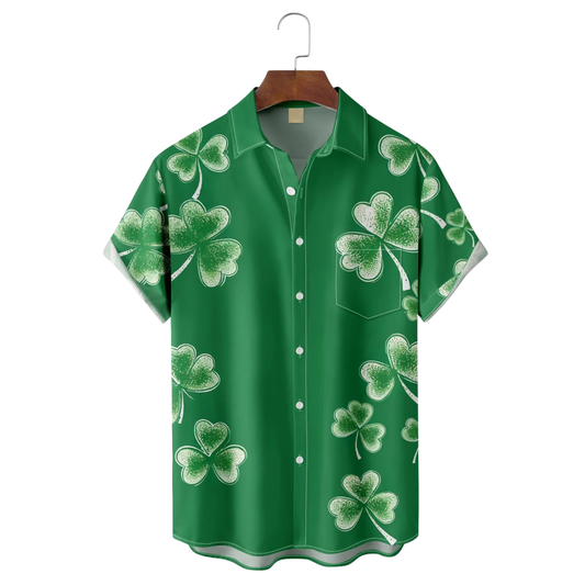 Maxcorners Green And White St. Patrick's Day Shamrock Hawaiian Golf Shirt, Tropical Vibe Men's Golf Shirt