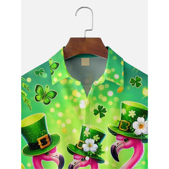 Maxcorners St. Patrick's Day Four Leaf Clover Flamingo Hawaiian Golf Shirt, Funny Flamingo Men's Golf Shirt