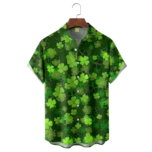 Maxcorners St. Patrick's Day Four Leaf Clover Tropical Vibe Hawaiian Golf Shirt, Men's Golf Shirt