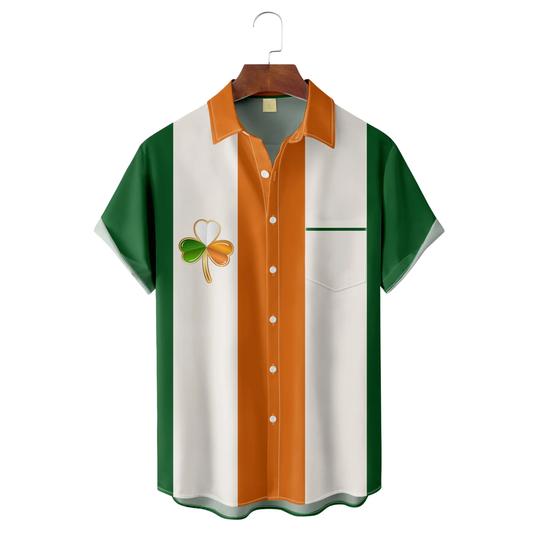 Maxcorners Orange And Green St. Patrick's Day Lucky Clover Hawaiian Golf Shirt, Tropical Vibe Men's Golf Shirt