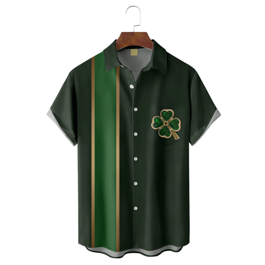 Maxcorners St. Patrick's Day Four Leaf Clover Black Dark Green Hawaiian Golf Shirt, St Paddy's Day Tropical Vibe Men's Golf Shirt