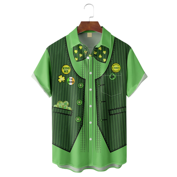Maxcorners Green St. Patrick's Day Lucky Clover Gold Coins Hawaiian Golf Shirt, Tropical Vibe Men's Golf Shirt