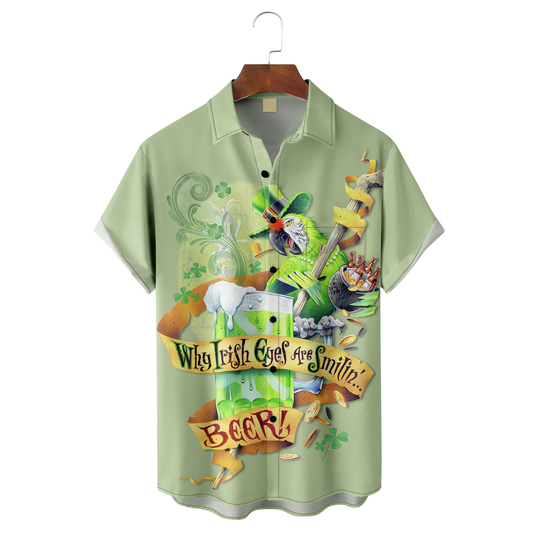 Maxcorners Green St. Patrick's Day Lucky Clover Parrot Beer Gold Coins Hawaiian Golf Shirt, Tropical Vibe Men's Golf Shirt