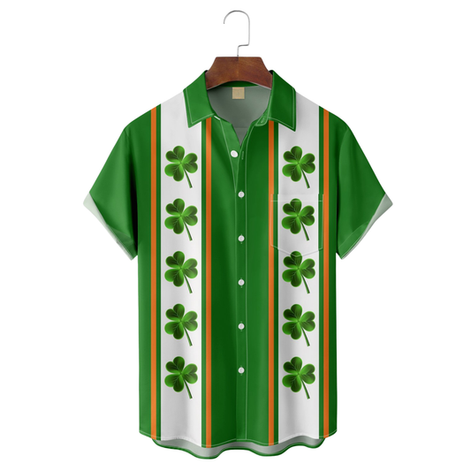 Maxcorners Lucky Clover Leaf St Patrick‘s Day Shamrock Hawaiian Golf Shirt, Tropical Vibe Men's Golf Shirt