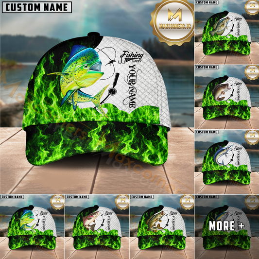Maxcorners Fishing Water Green Flame Multi Options Personalized Name 3D Cap (12 Fish Species)