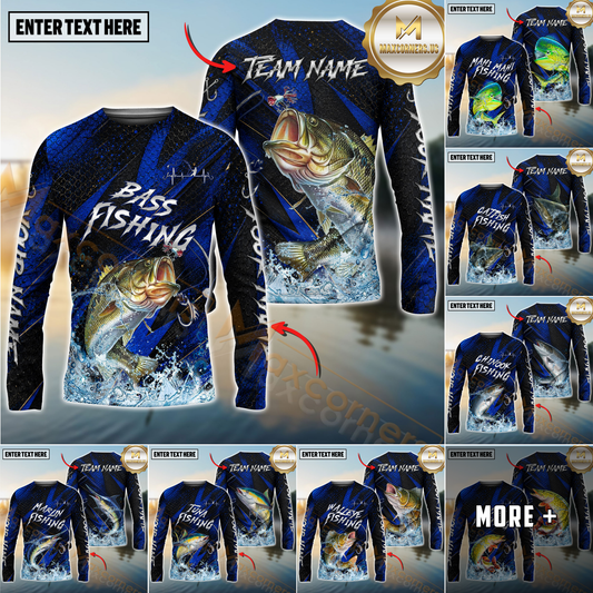 Maxcorners Fishing Blue Honeycomb Splash Personalized Name, Team Name 3D Long Sleeve Shirt (12 Fish Species)