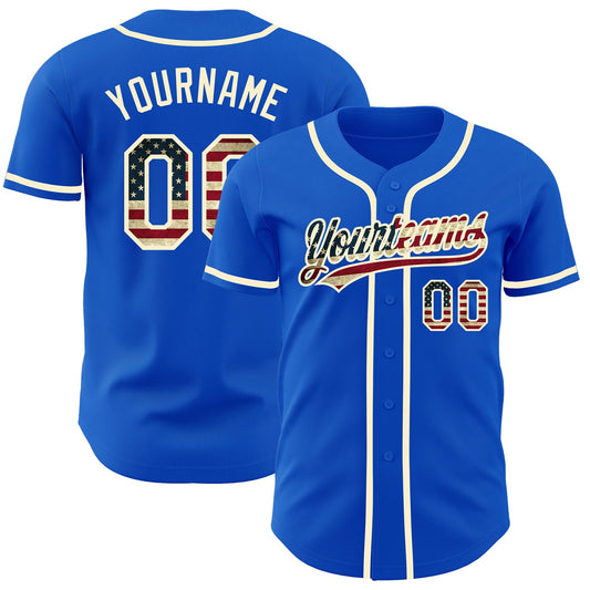 Maxcorners Custom Electric Blue Vintage USA Flag-Cream Premium Baseball Jersey LM0210