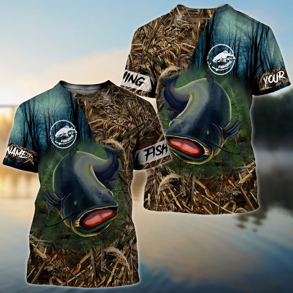 Maxcorners Catfish Fishing Camo Performance Fishing Shirt Customize Name 3D Shirt