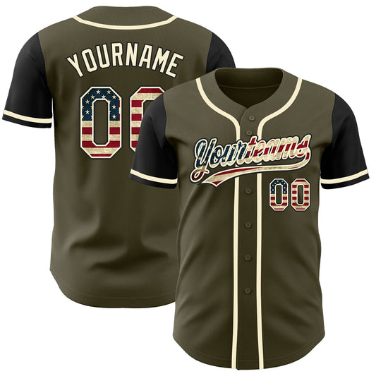 Maxcorners Custom Black Old Gold 3D American Flag Skull Patriotic Premium Baseball Jerseys LM0210
