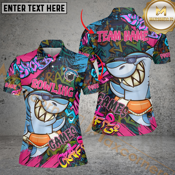 Maxcorners Funny Shark Graffiti Bowling Jersey Personalized Name, Team Name 3D Shirt