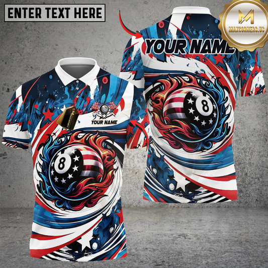 Maxcorners Billiards Patriotic Flame 8-Ball Personalized Name, Team Name 3D Unisex Shirt
