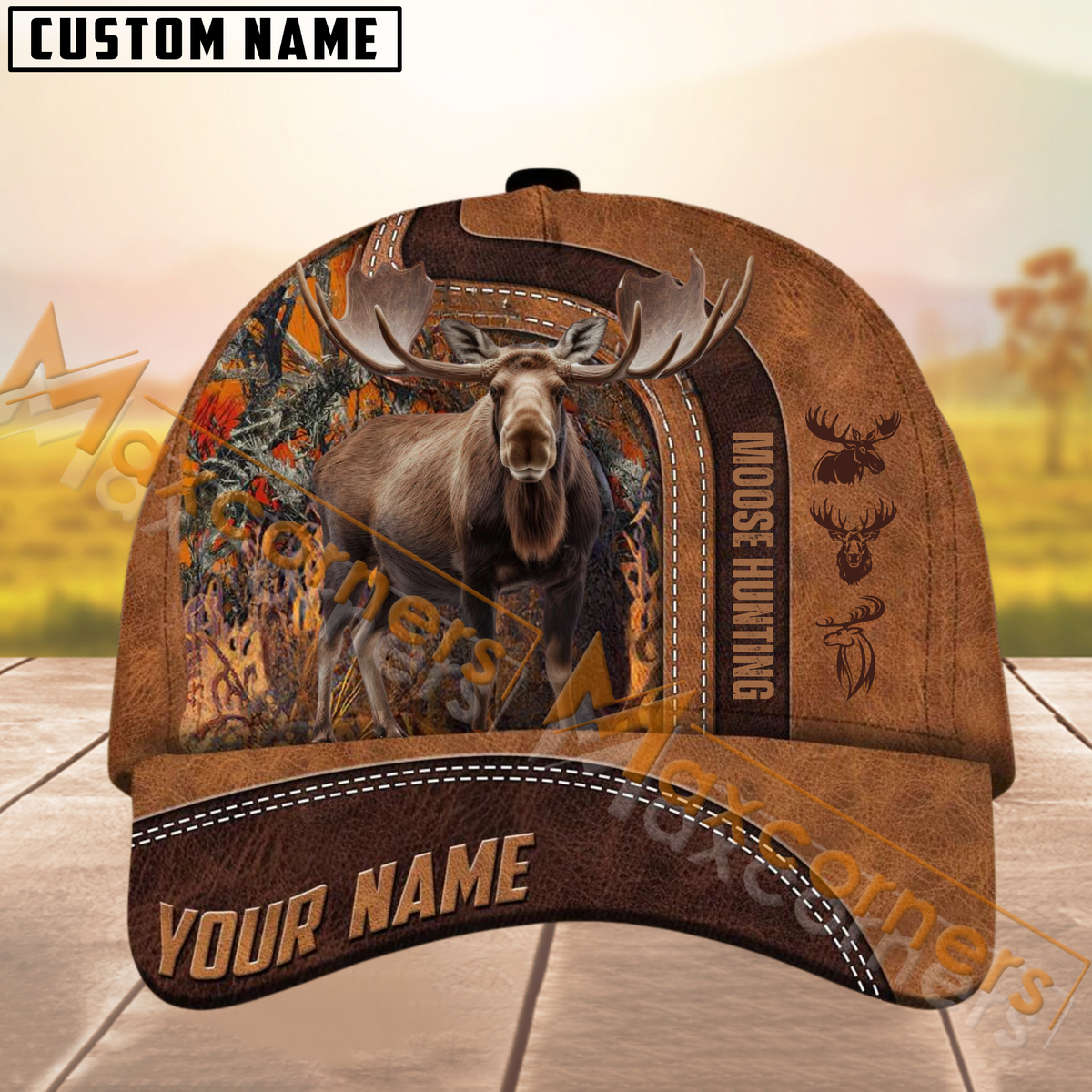 Maxcorners Moose Hunting Leather Pattern Multicolor Personalized Name 3D Cap