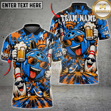 Maxcorners Bowling Cool Funny Smiling Bowling Ball Character Holding Beer Mug Sunglasses Graffiti Splatter Pins Multi Options Personalized Name, Team Name Unisex 3D Shirt (5 Colors)
