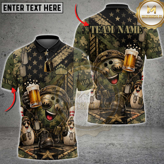 Maxcorners Bowling Funny Military Veteran Bowling Ball Character Holding Beer Mug Helmet Camouflage Dog Tags US Flag Pins Multi Options Personalized Name, Team Name Unisex 3D Shirt (3 Colors)
