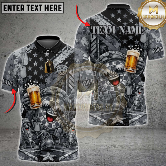 Maxcorners Darts Funny Military Veteran Dartboard Character Holding Beer Mug Helmet Camouflage Dog Tags US Flag Multi Options Personalized Name, Team Name Unisex 3D Shirt (3 Colors)