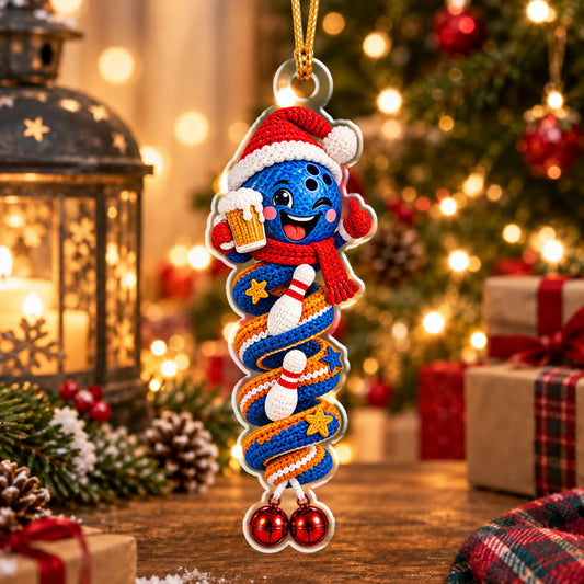 Maxcorners Bowling Crochet Amigurumi Spiral Cute Bowling Ball Character Wearing Santa Hat Scarf Holding Beer Mug Jingle Bells Christmas Ornament