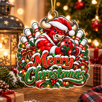 Maxcorners Bowling Smiling Bull Santa Claus Holding Bowling Ball Crashing Pins Merry Christmas Pine Needle Holly Wreath Ribbon Christmas Ornament