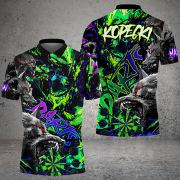 Maxcorners Darts Shirt Wolf Design Dark Graffiti Style Customized Name, Team Name 3D Shirt For Pecky