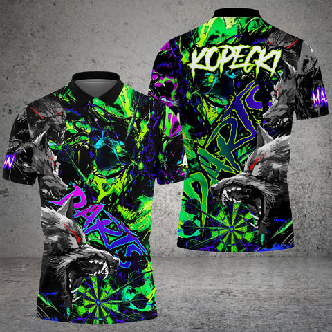 Maxcorners Darts Shirt Wolf Design Dark Graffiti Style Customized Name, Team Name 3D Shirt For Pecky