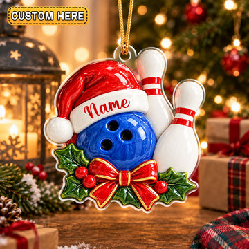 Maxcorners Bowling Ball Wearing Santa Hat Personalized Name Bowling Pins Holly Leaves Bow Ribbon Personalized Christmas Ornament