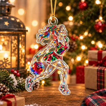 Maxcorners Bowling Geometric Mosaic Crystal Pattern Female Bowler Throwing Bowling Ball Christmas Ornament
