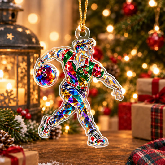 Maxcorners Bowling Geometric Mosaic Crystal Pattern Male Bowler Throwing Bowling Ball Christmas Ornament