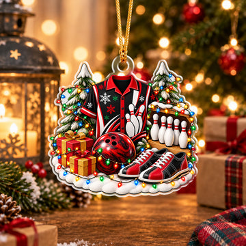 Maxcorners Bowling Shirt Shoes Ball Pins Gift Boxes Snow Pine Trees String Lights Snowflakes Christmas Ornament