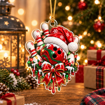 Maxcorners Bowling Swirl Pattern Bowling Ball Wearing Santa Hat Wreath Frame Snowflakes Bow Ribbon Dripping Paint Pins Christmas Ornament