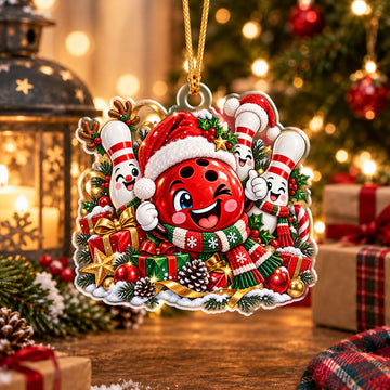 Maxcorners Bowling Cute Winking Bowling Ball Wearing Santa Hat Scarf Cute Bowling Pins Gift Boxes Pine Needles Snow Christmas Ornament