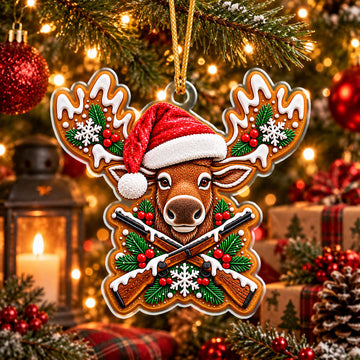 Maxcorners Hunting Horned Animal Head Wearing Santa Hat Crossed Hunting Rifles Holly Berries Snowflake Pine Wreath Christmas Ornament
